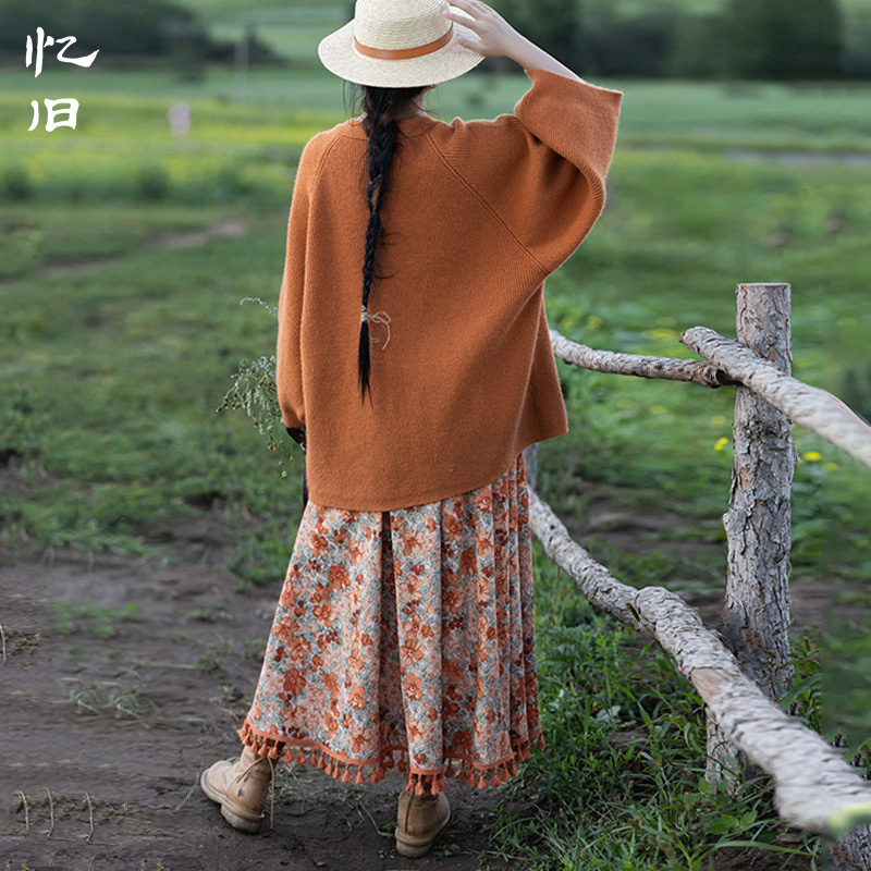 复古灯芯绒印花半身裙女2025秋季