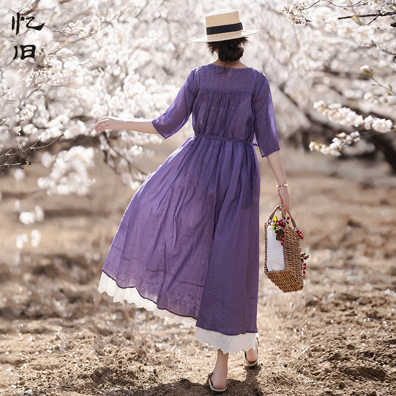 现货【紫影浮花】紫色V领连衣裙长裙女夏季短袖宽松真丝棉大摆裙