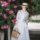 高腰天丝苎麻白色长裙 原创娃娃领绣花连衣裙女夏季 7折 眉目里