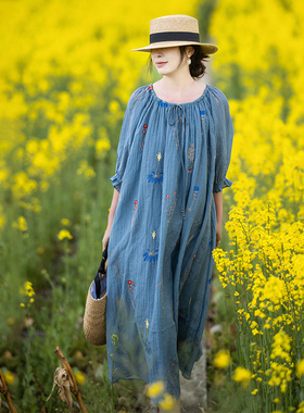 5折【绮梦之境】复古蓝色绣花连衣裙女春季七分灯笼袖宽松A字裙