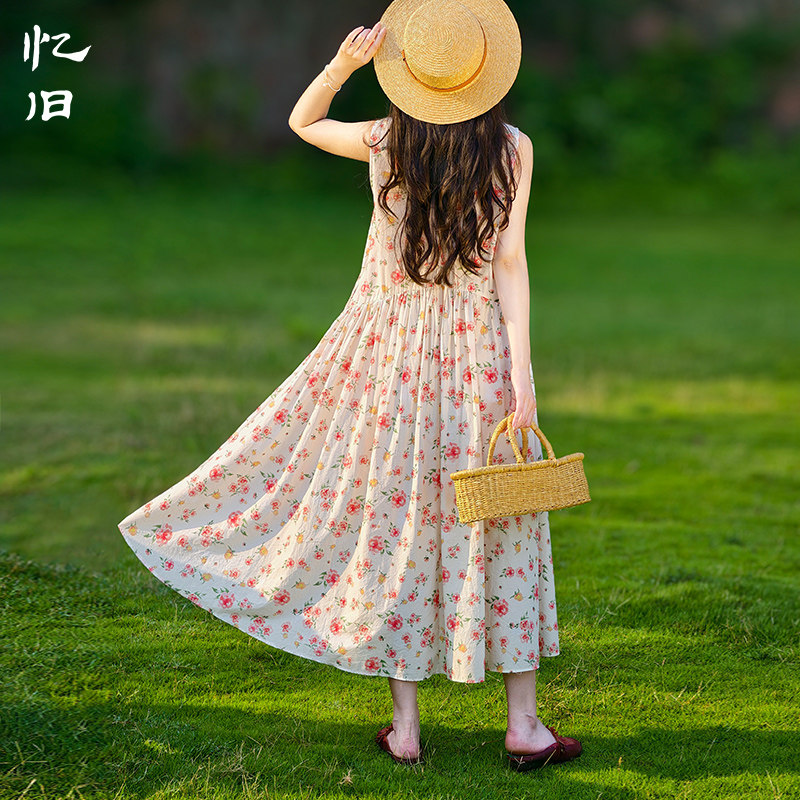 文艺无袖印花连衣裙女夏季碎花裙