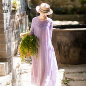 圆领宽松连衣裙气质长款 忆旧苎麻绣花长裙女春夏季 2025年新款 裙子