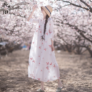 D【5折】春夏新款文艺花边圆领刺绣碎花连衣裙宽松荷叶袖长裙子女