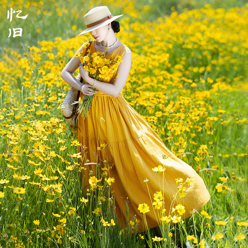 清【刚好遇见】文艺无袖裙女2026年夏季薄款纯色拼接裙收腰连衣裙