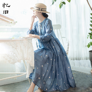 圆领休闲长裙子 蓝色天丝刺绣连衣裙女2025年春季 5折 心动信号