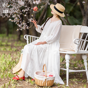 D【5折】春秋装苎麻白色连衣裙新款宽松拼接长裙早秋气质裙子女装