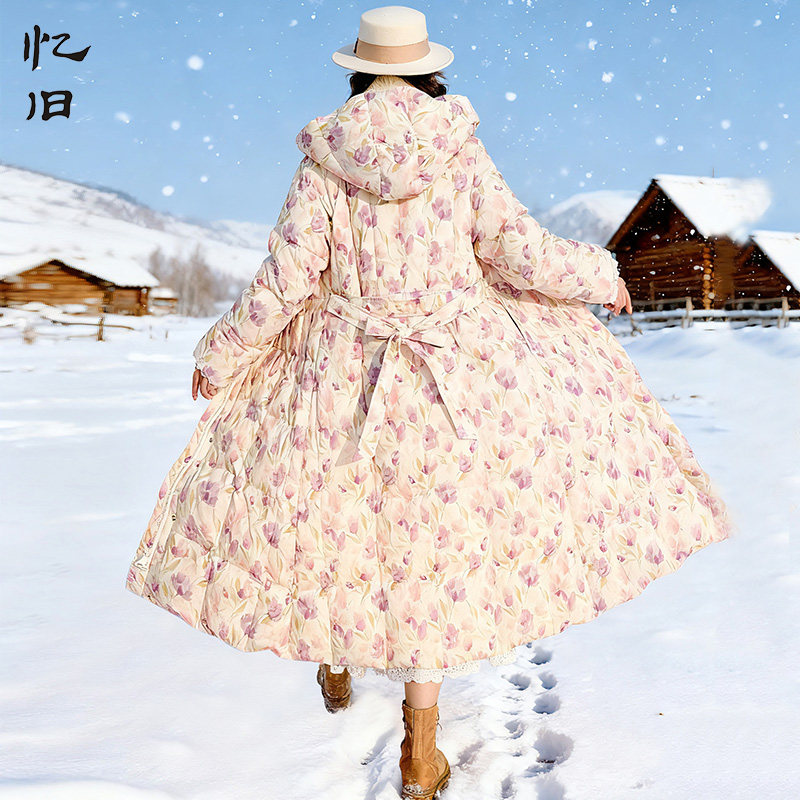 忆旧长款过膝印花羽绒服女冬季款