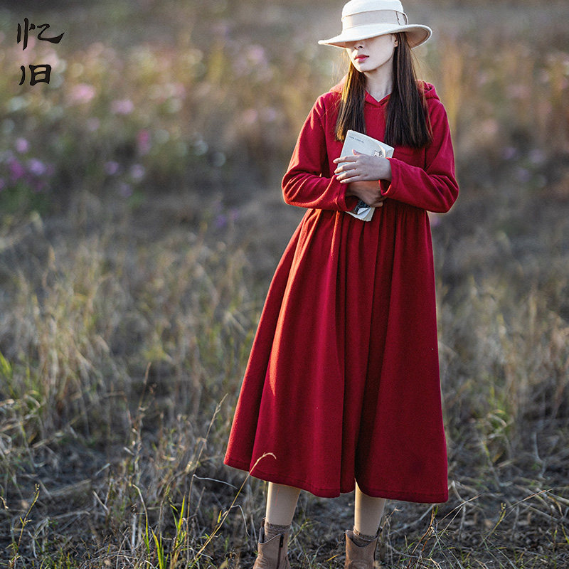 （出清）忆旧卫衣连衣裙女秋冬加绒2021新款连帽打底长裙内搭裙子