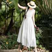 忆旧苎麻圆领无袖 连衣裙女春夏2025年新款 高腰长裙白色裙子背心裙