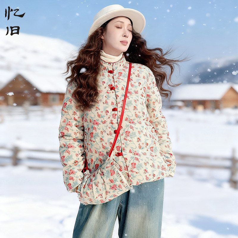 复古灯芯绒印花羽绒服女冬季短款