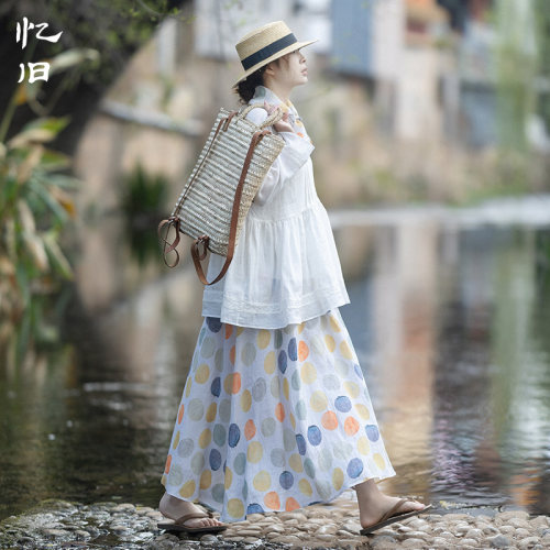 圆领宽松上衣苎麻波点半裙女夏季
