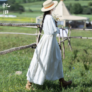 现货 高腰系带气质长裙 清风白日 复古蕾丝花边圆领连衣裙女秋季