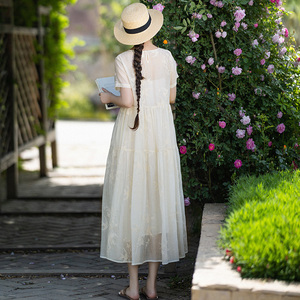 现货【陌上花开】天丝绣花连衣裙女夏季新款气质圆领长裙宽松裙子