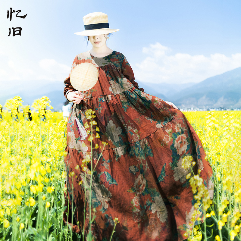 复古怀旧亚麻连衣裙女秋季印花裙