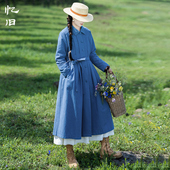 新款 2025秋季 风衣外套女长款 高级感翻领宽松蓝色大衣 水色倒空