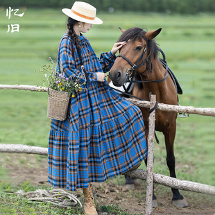 色织棉宽松长裙 文艺怀旧蓝方格立领连衣裙女2025秋季 山川湖海