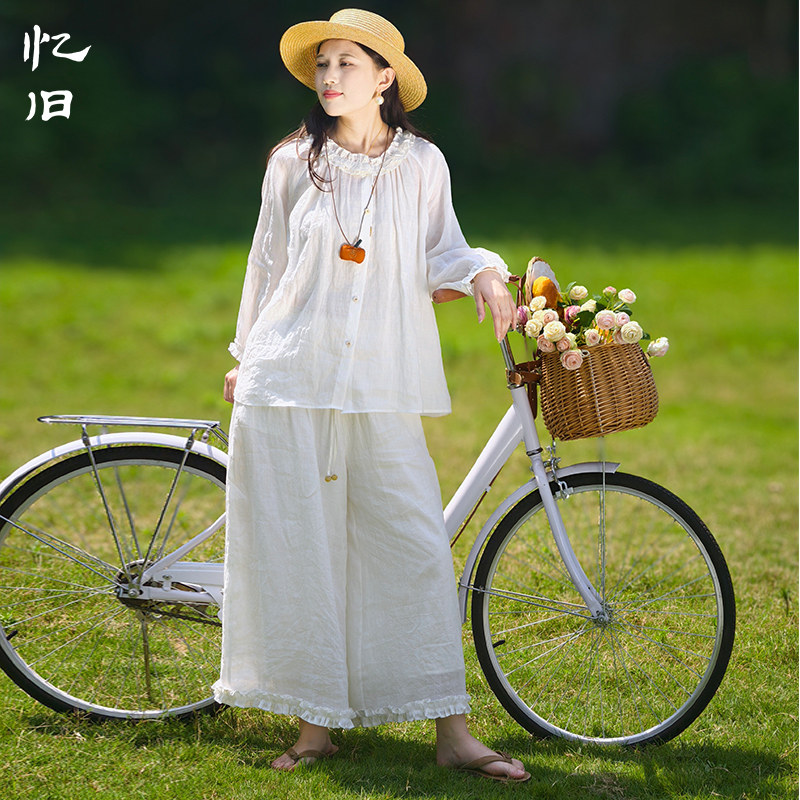 苎麻开衫宽松阔腿裤女夏季套装