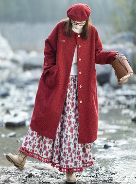 【日落晚枫】文艺中长款毛呢大衣女2025冬纯色宽松外套【送帽子】