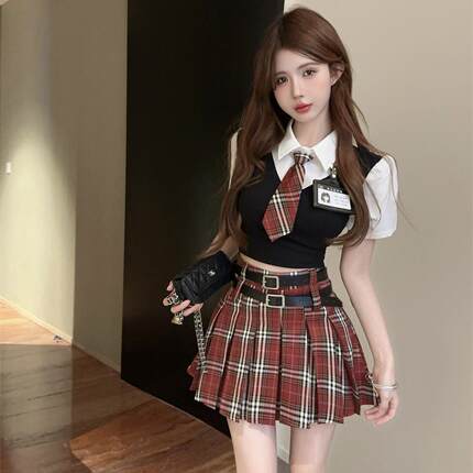 美式甜辣妹学院风套装女夏季jk制服针织假两件上衣半身裙子两件套