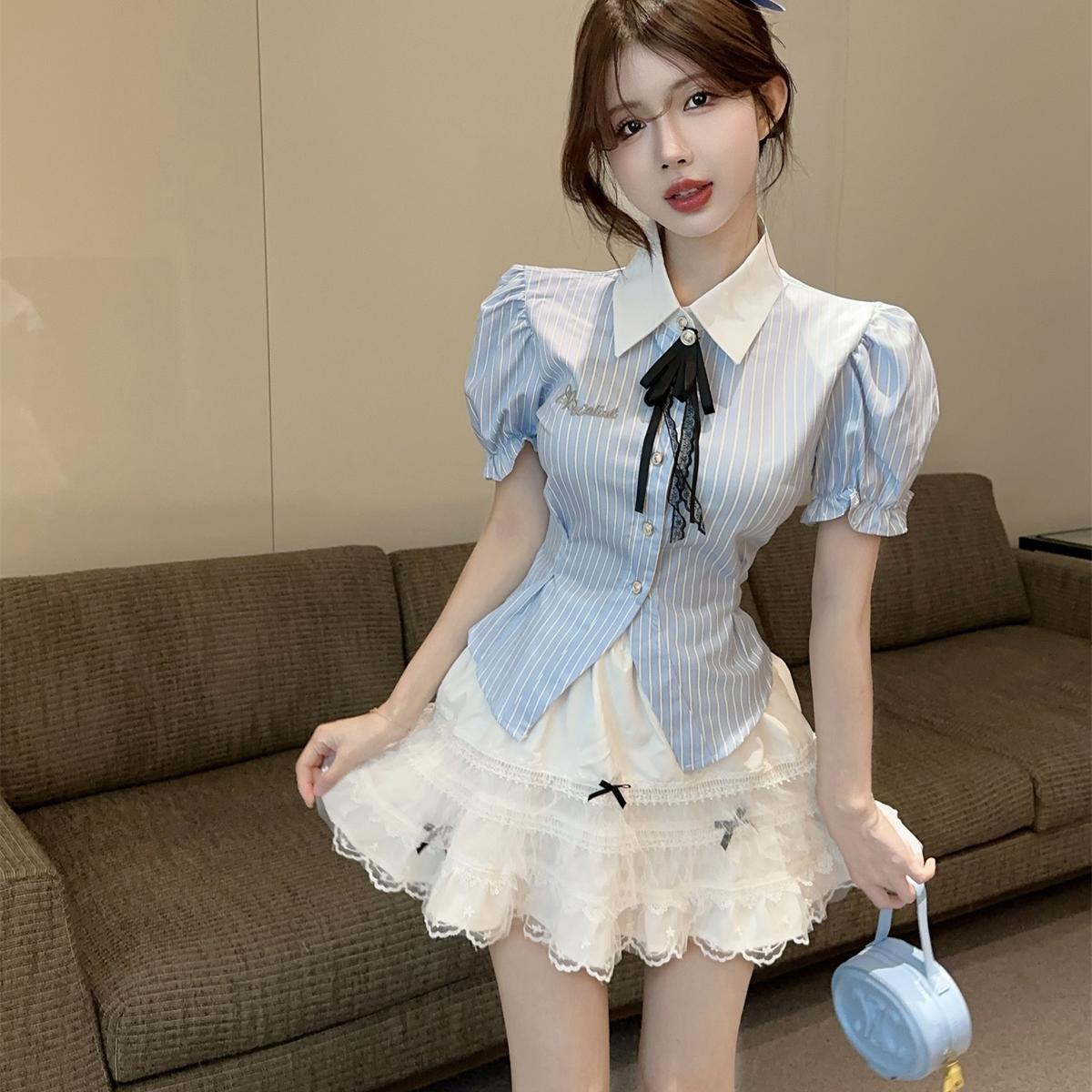 学院风套装女夏季短袖领结衬衫女