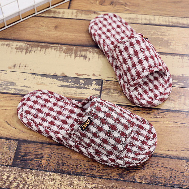 新款日式春秋四季室内家用布艺布底拖鞋情侣静音木地板软底可机洗