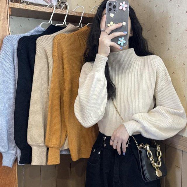 半高领套头针织衫女装秋冬季2025新款简约灯笼袖打底衫内搭毛衣潮