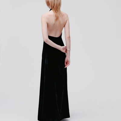 德单IVY  755美元 贵气丝绒 黑色深V挂脖露背修身长款连衣裙礼服