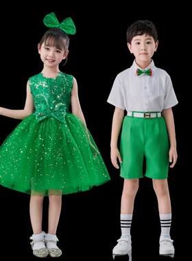 六一儿童演出服亮片蓬蓬纱裙公主裙幼儿园女童合唱绿色小草表演服