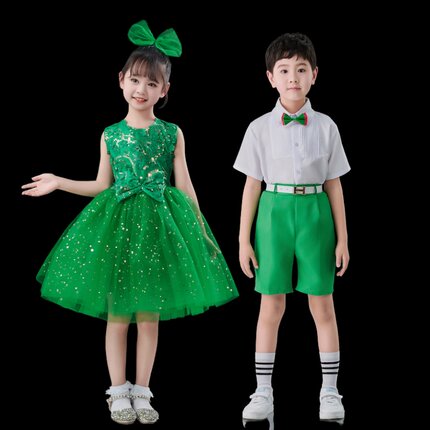六一儿童演出服亮片蓬蓬纱裙公主裙幼儿园女童合唱绿色小草表演服