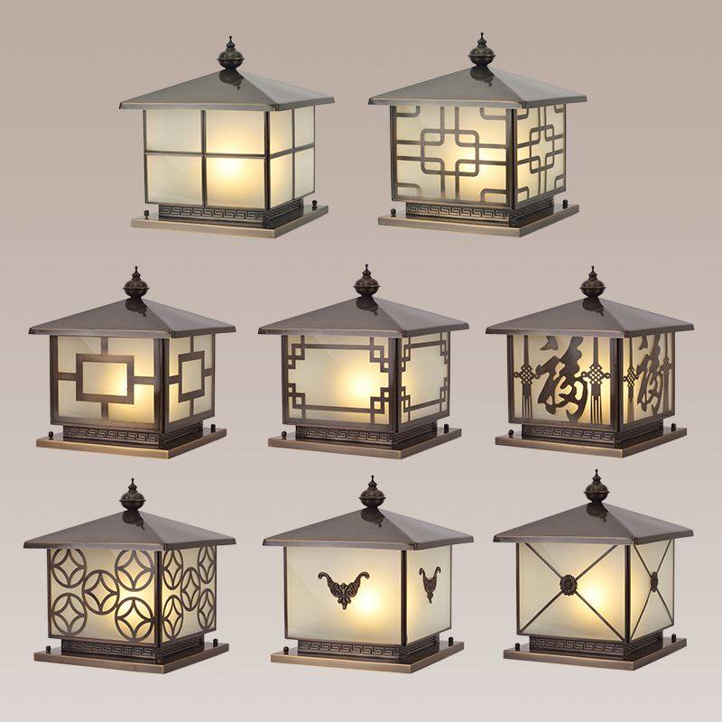 全铜柱头灯户外防水庭院花园别墅大门灯室外围墙方形门柱灯深古铜