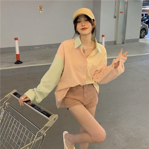 Shirt women's design color matching spring 2022 new loose medium length long sleeved sunscreen cardigan