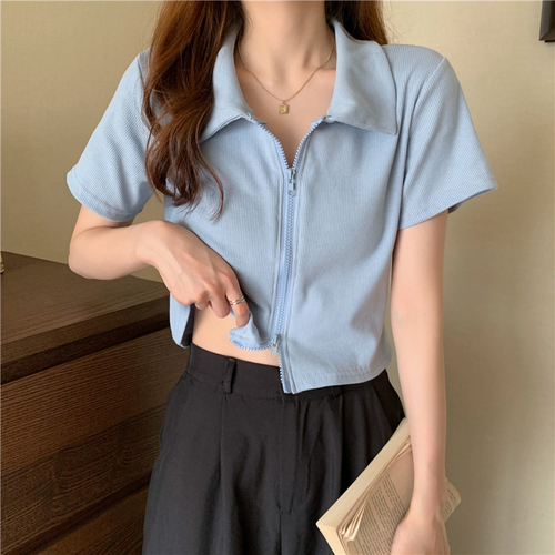 Ice thread summer slim zipper Polo neck short sleeve T-shirt women's top