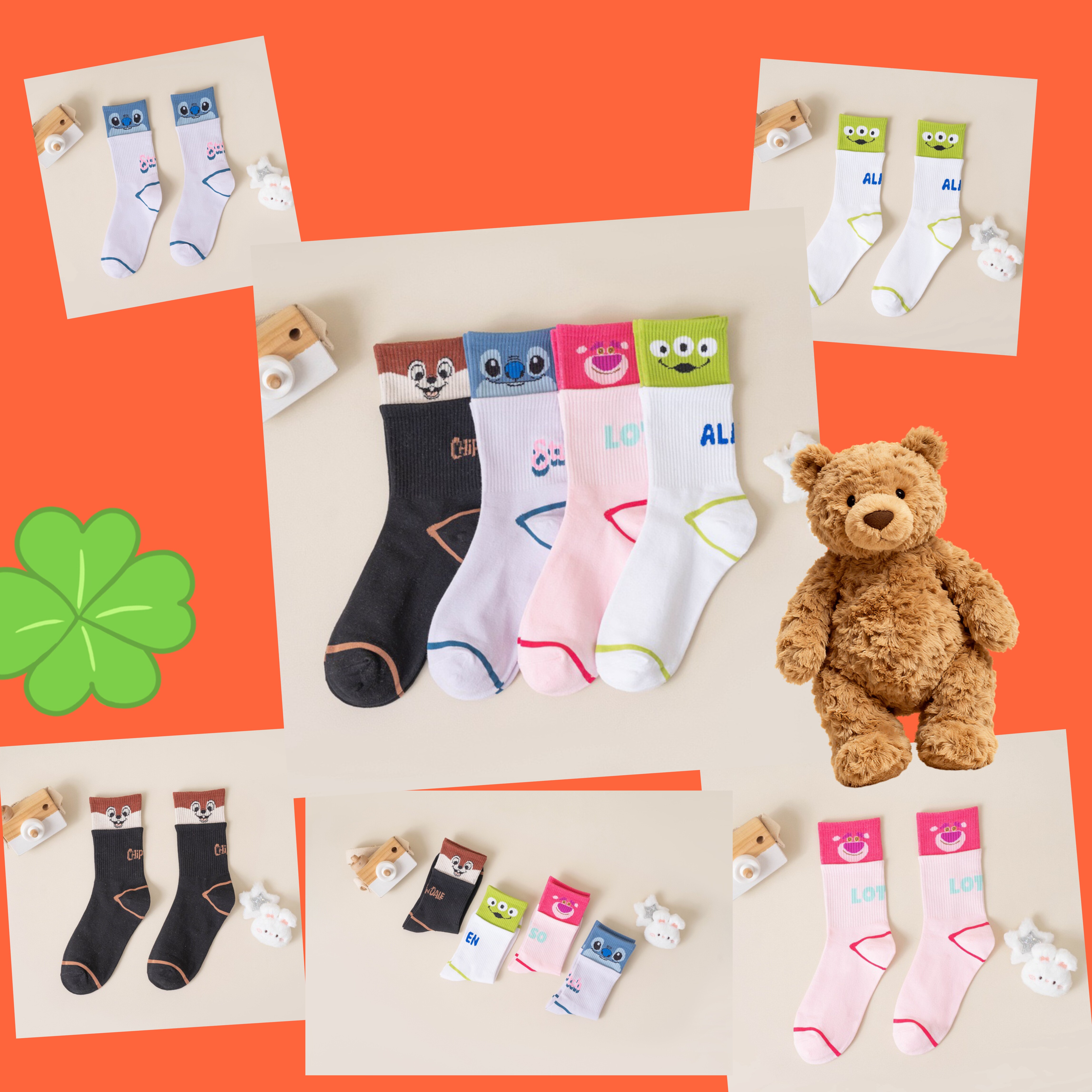 3双双层罗口精梳棉日系卡通袜中筒草莓熊运动袜子女 糖果色休闲袜