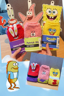 海绵宝宝冬季 珊瑚绒睡觉袜子卡通中筒月子袜加厚保暖派大星袜子