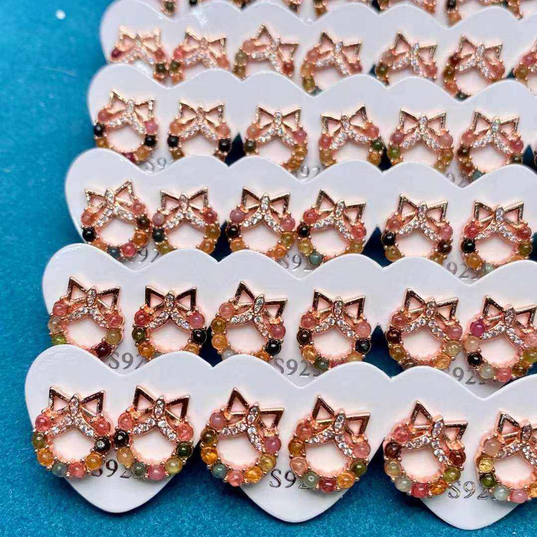 可爱气质蝴蝶结耳饰天然碧玺925