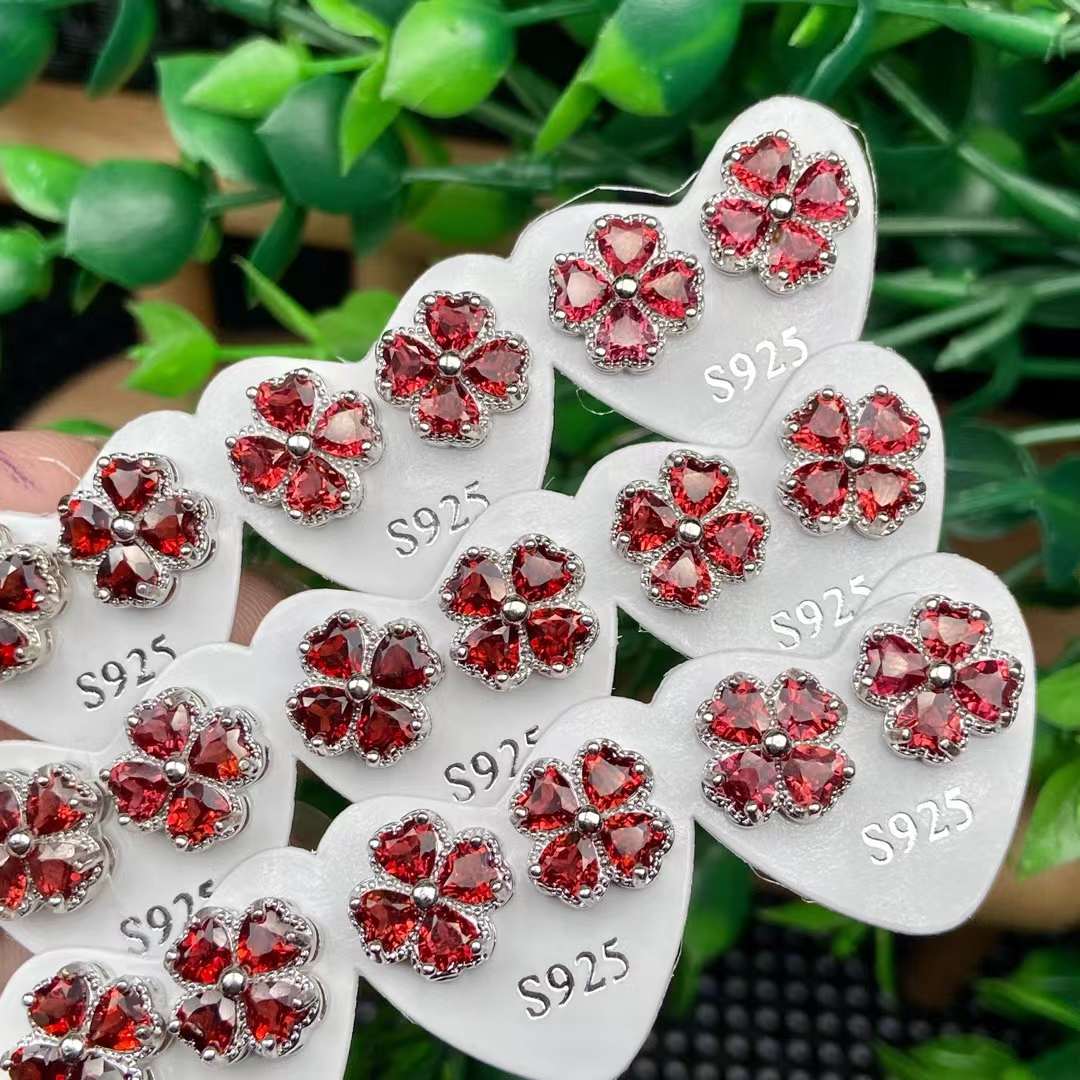 石榴石天然S925纯银针气质耳钉