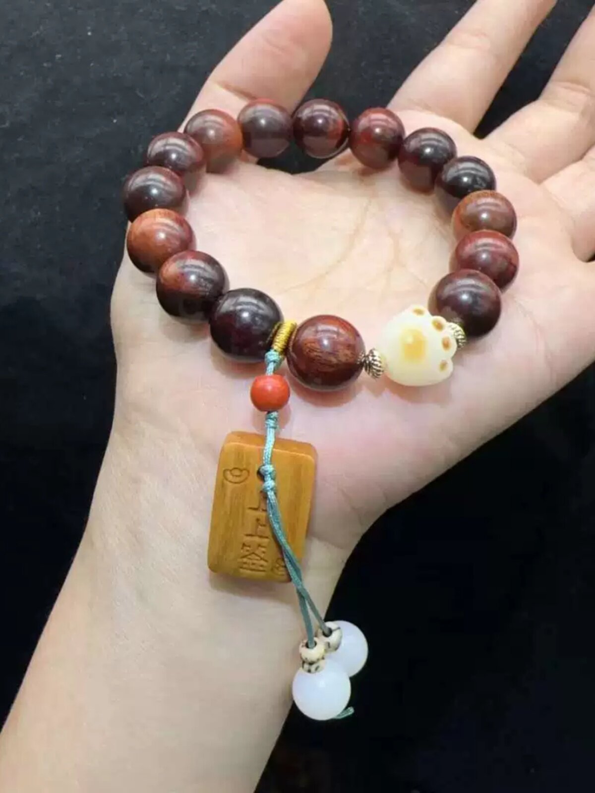新中式国风潮流小叶紫檀搭配菩提根猫爪檀香木上上签文玩手链