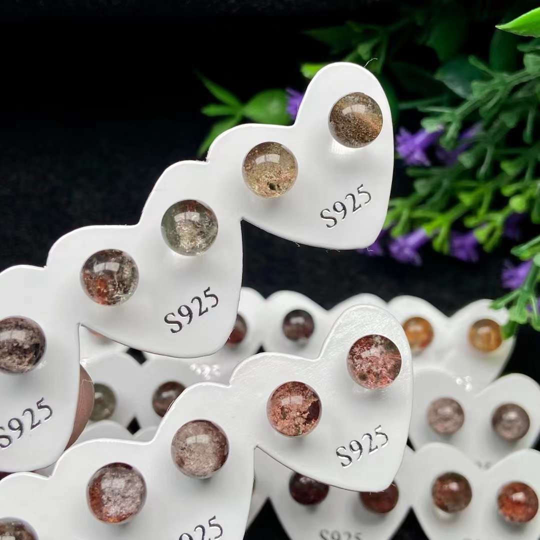 s925纯银针天然彩幽灵耳钉原耳钉