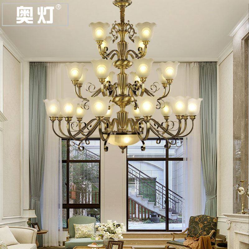 奥灯仿古三层酒店工程吊灯创意欧式花全铜别墅挑高客厅led灯5226