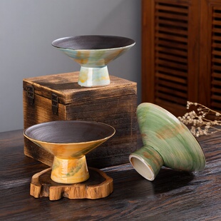 中式侘寂风禅意插花器皿无孔水培花器陶瓷花盆苔藓竹子高脚盘意境