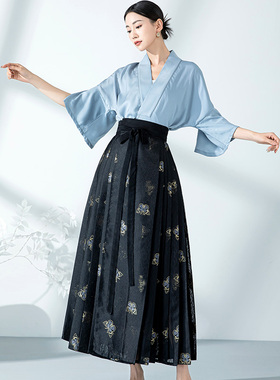 【清仓】汉服元素国风轻薄织金纱马面裙半袖浅交领夏两件套刺绣