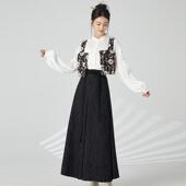 叶央立体花毛呢吊带主腰通勤三裥裙显瘦套装 冬黑色轻国风改良汉服