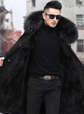 派克服男款狐狸毛长款冬季新款外套皮毛一体皮草军大衣送长袜