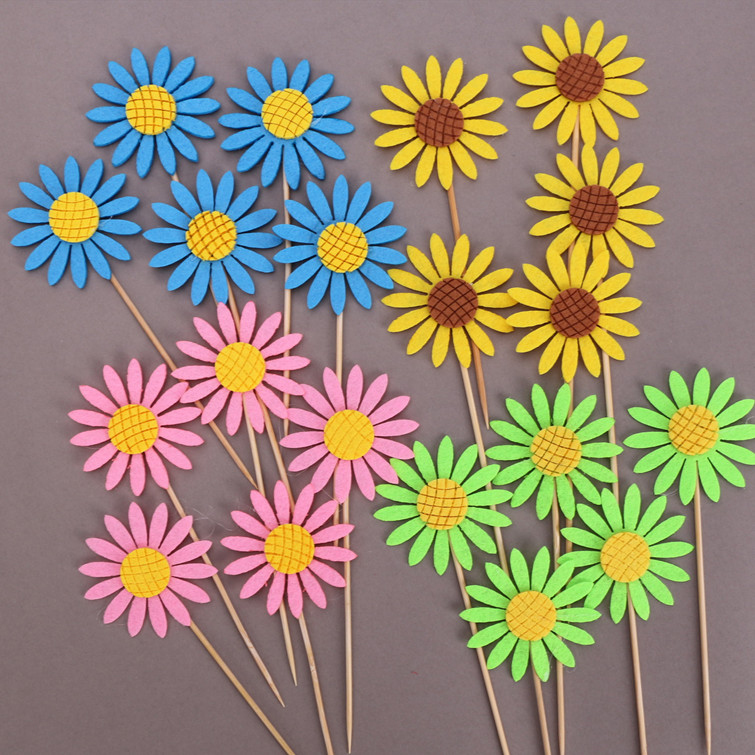 50枚烘焙生日蛋糕装饰插牌黄色向日葵小雏菊儿童周岁派对花瓣插旗