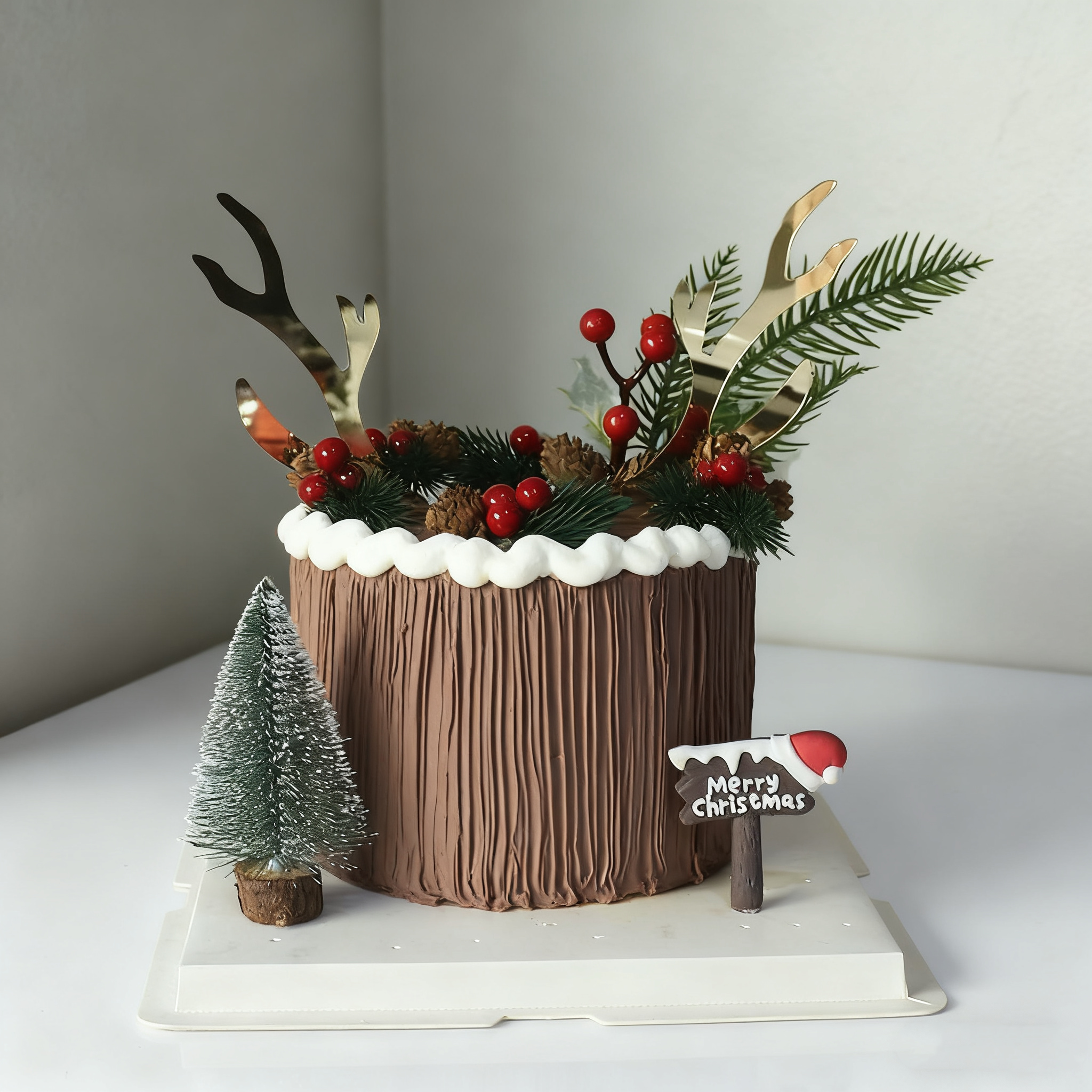 圣诞节亚克力金色鹿角麋鹿蛋糕装饰摆件插件松针果实松果插件装扮