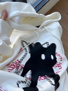 实拍设计感猫咪印花连帽卫衣女早秋港风洋气宽松外套上衣秋冬新款