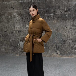 新中式国潮风立领盘扣系带收腰白鸭绒羽绒服2023年冬装新款面包服