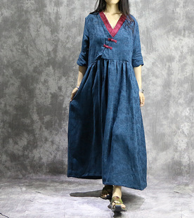 娜娜家2018秋季 原创文艺复古棉麻提花V领连衣裙民族风盘扣长裙女