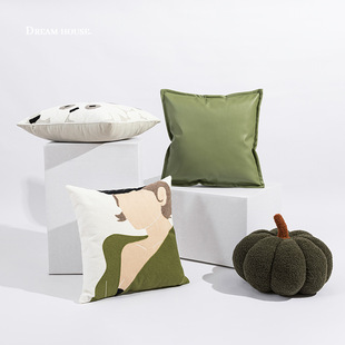 现代ins风抱枕橄榄绿色罂粟花朵靠垫客厅沙发刺绣靠枕抱枕套
