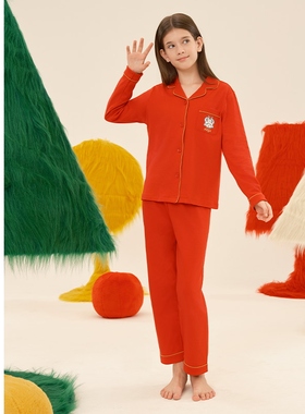 舒雅童装儿童新品女童纯棉柔软亲肤轻薄本命年红品睡衣家居服套装